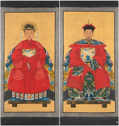 Cina, Coppia di dignitari cinesi, inchiostro e tempera su tela
