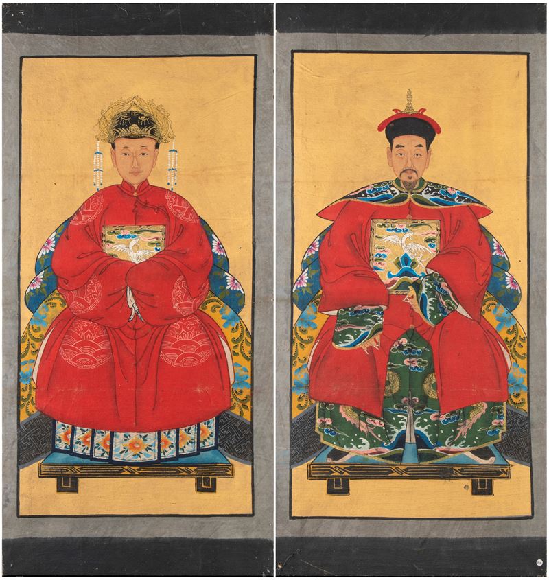 Cina, Coppia di dignitari cinesi, inchiostro e tempera su tela