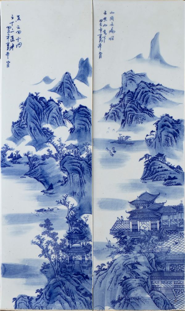 Two decorative tiles in blue and white porcelain, China