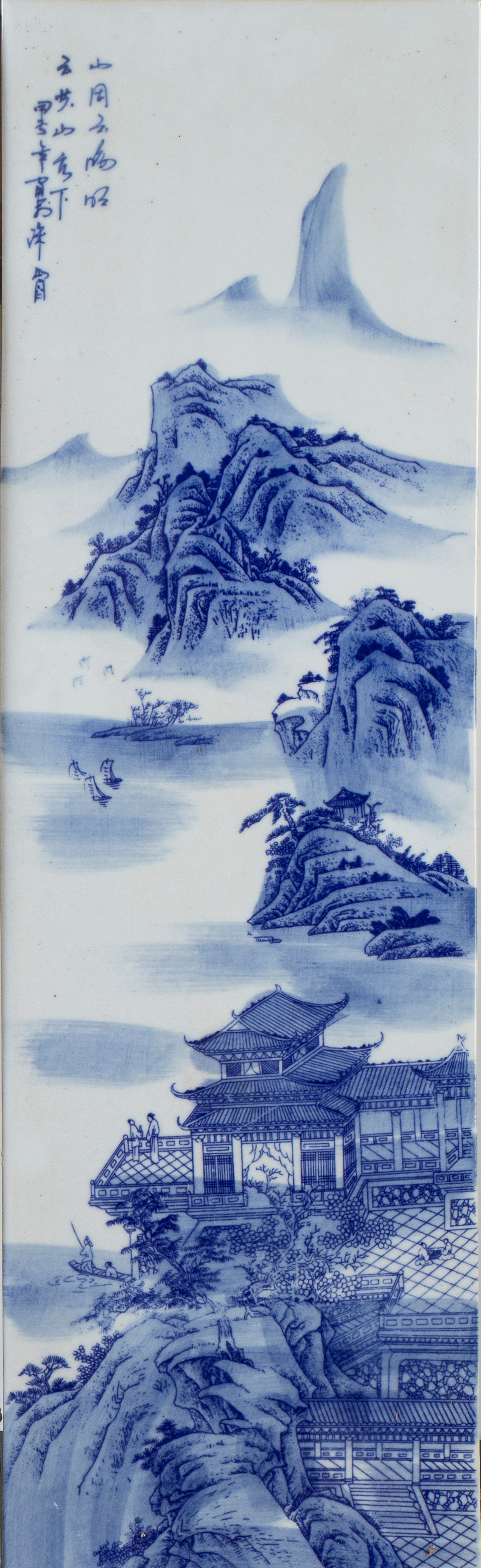 Due formelle decorative in porcellana bianca e blu, Cina, XX secolo