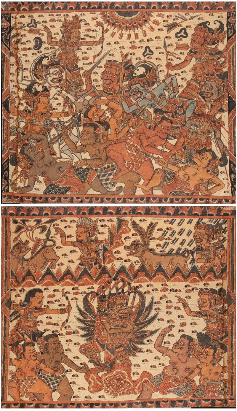 Due dipinti Kamasan di Bali su tela, Indonesia. XX secolo