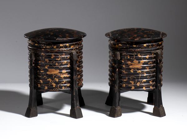 Pair of Hokai gold and black lacquer covered food containers, Japan