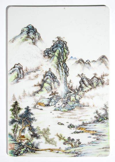 Formella in porcellana con decoro Shan shui, Cina, XX secolo