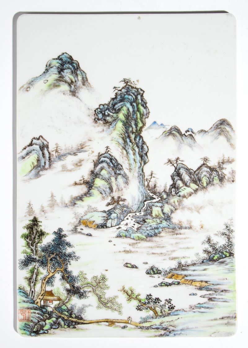 Formella in porcellana con decoro Shan shui, Cina, XX secolo