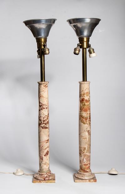 Coppia di lampade a colonna in marmo brecciato, circa 1950