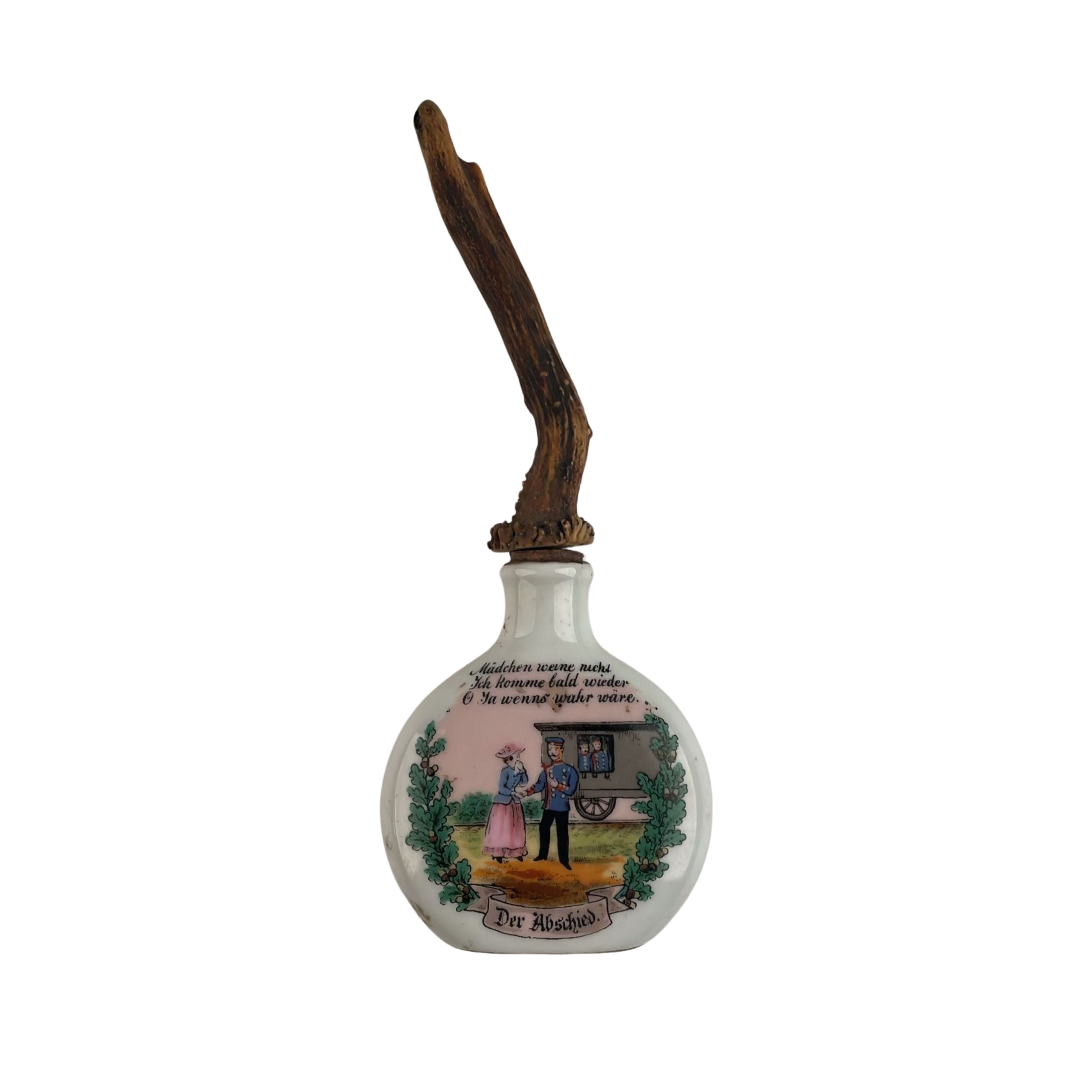 Austria, Fiaschetta in ceramica decorata con scene di caserma, primo quarto XX secolo