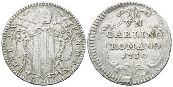 STATO PONTIFICIO. Roma. Benedetto XIV (1740-1758). Carlino 1750 – Anno XI; Ag (2,42 g; 21 mm)