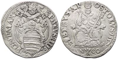 Paolo IV (1555-1559), Testone 1557 (Ag 9,40 g; 28,6 mm), Stato Pontificio. Ancona
