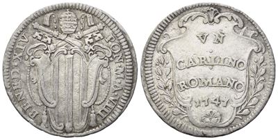 Benedetto XIV, Carlino Romano 1747 (Anno VIII), Stato Pontificio, argento