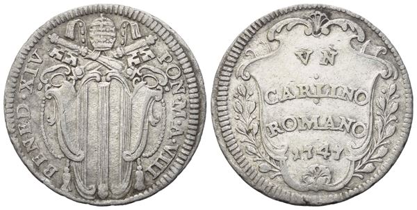 STATO PONTIFICIO. Roma. Benedetto XIV (1740-1758). Carlino 1747 – Anno VIII; Ag (2,46 g; 20,7 mm)