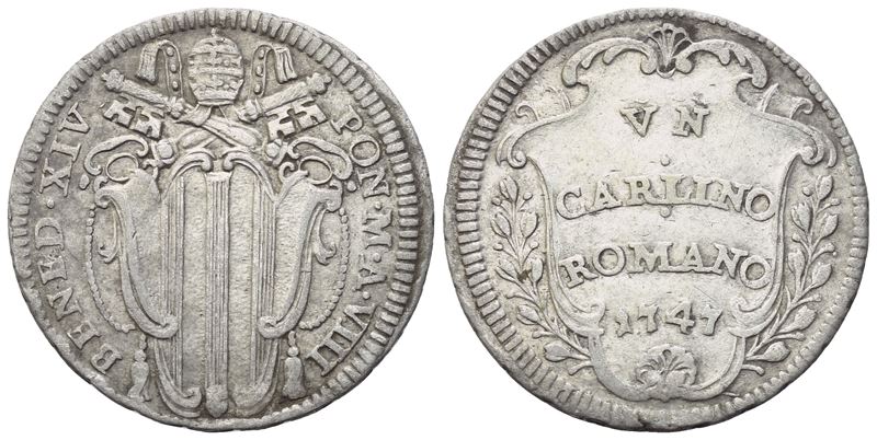 Benedetto XIV, Carlino Romano 1747 (Anno VIII), Stato Pontificio, argento