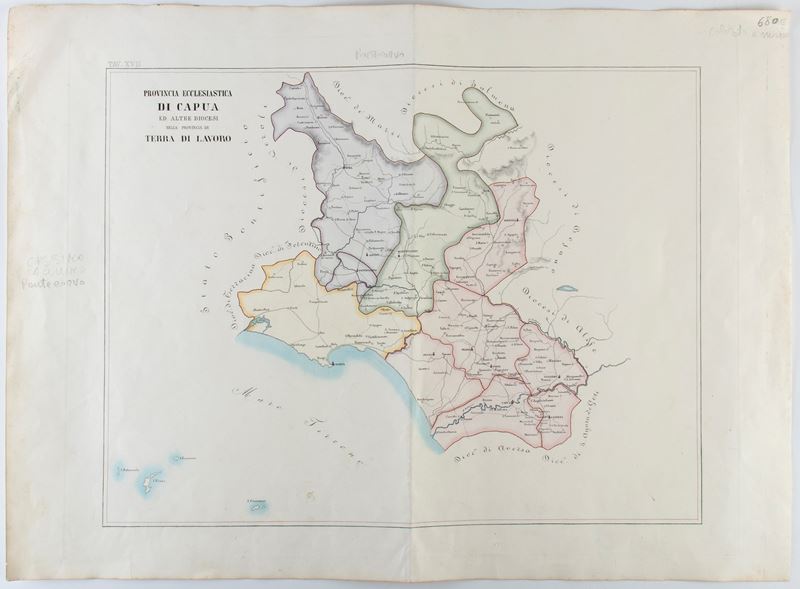 Italia - Agro Pontino, Provincia Ecclesiastica di Capua, Litografia colorata su carta non vergata