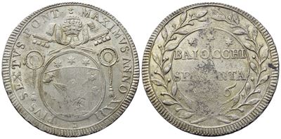 Pio VI (1775-1799), Stato Pontificio, 60 Baiocchi 1796, Ag (16,90 g; 37,2 mm)