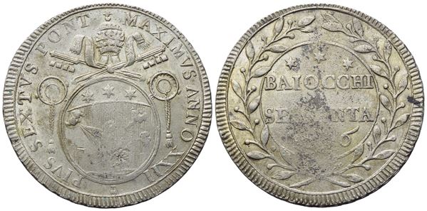 STATO PONTIFICIO. Roma. Pio VI (1775-1799). 60 Baiocchi 1796 – Anno XXII; Ag (16,90 g; 37,2 mm)