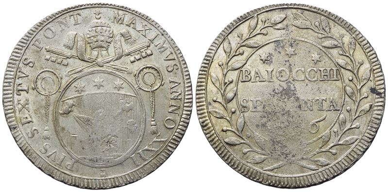 Pio VI (1775-1799), Stato Pontificio, 60 Baiocchi 1796, Ag (16,90 g; 37,2 mm)