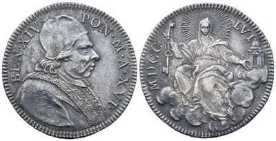 Benedetto XIV, Doppio Giulio Pontificio, Roma, 1756 (Anno XVI), argento