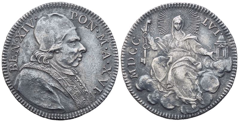 Benedetto XIV, Doppio Giulio Pontificio, Roma, 1756 (Anno XVI), argento