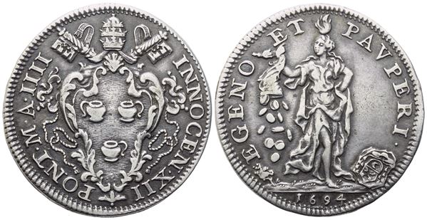 STATO PONTIFICIO. Roma. Innocenzo XII (1691-1700). Testone 1694 – Anno IIII; Ag (9,02 g; 31,2 mm)