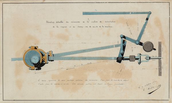 Elevation détaillée du mecanisme de la coulisse de distribution de la vapeux ... de la machine
