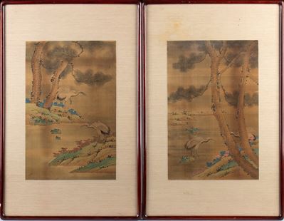 Coppia di stampe, paesaggio naturalistico con Gru, Cina, 1956 circa