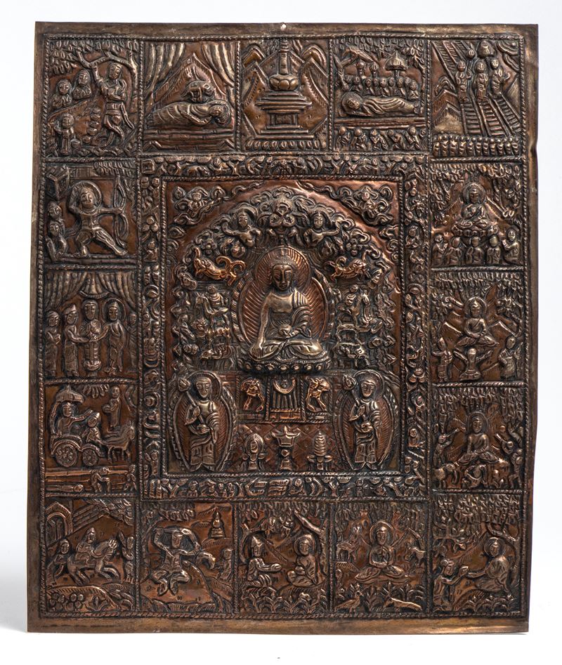 Piastra votiva tibetana, rame repoussé, inizio XX secolo