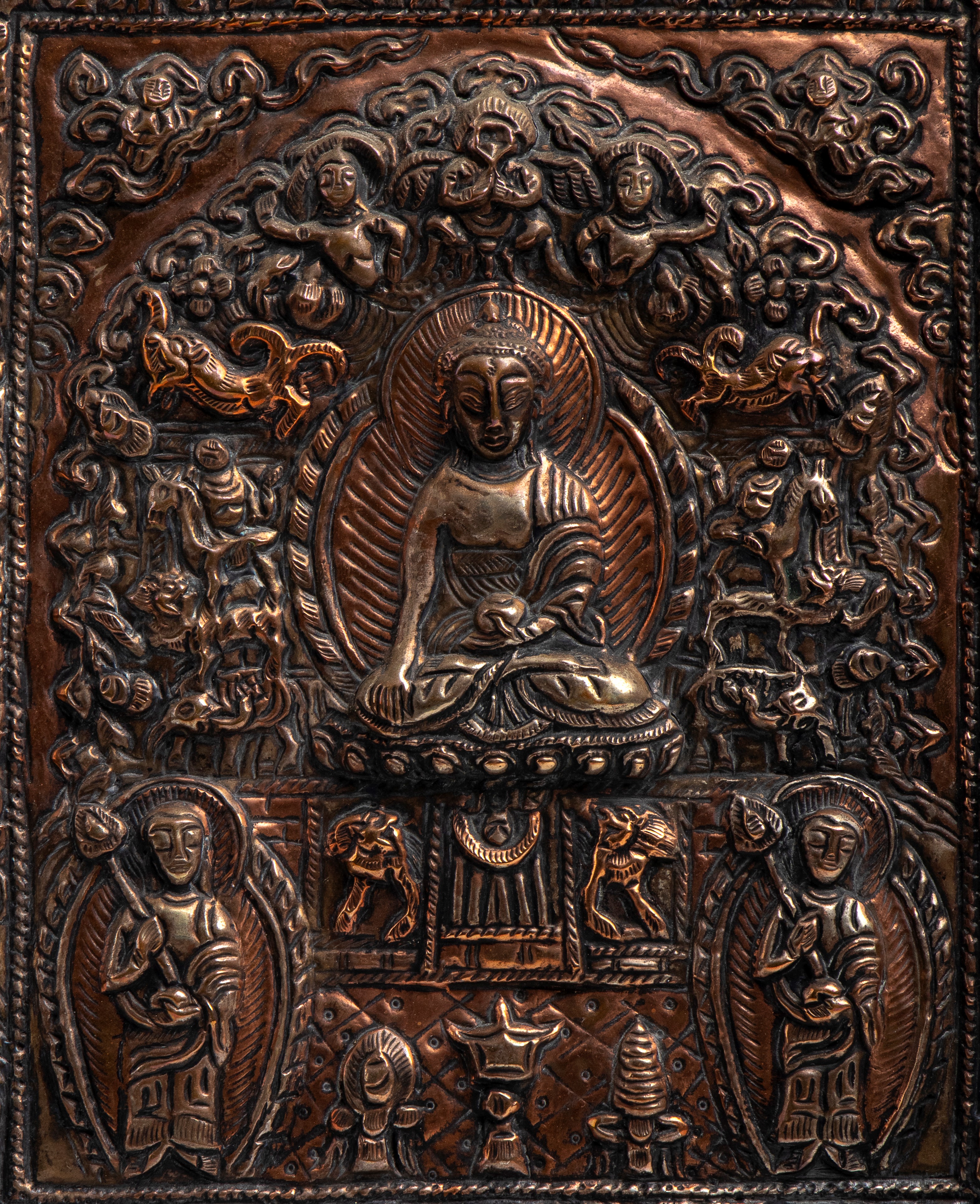 Piastra votiva tibetana, rame repoussé, inizio XX secolo