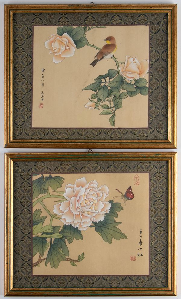 Pair of paintings decorated with birds, peony and butterfly, China