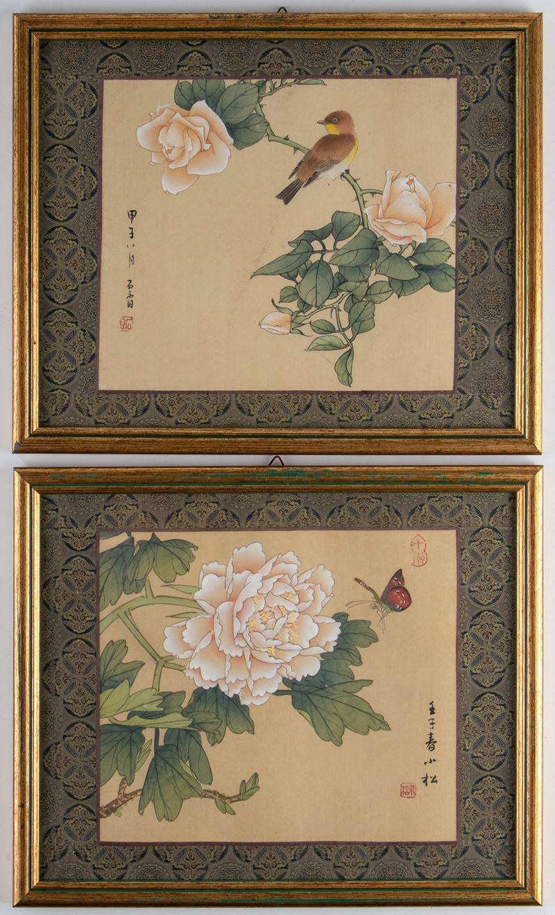 Coppia di dipinti decorati con uccelli, peonia e farfalla, Cina