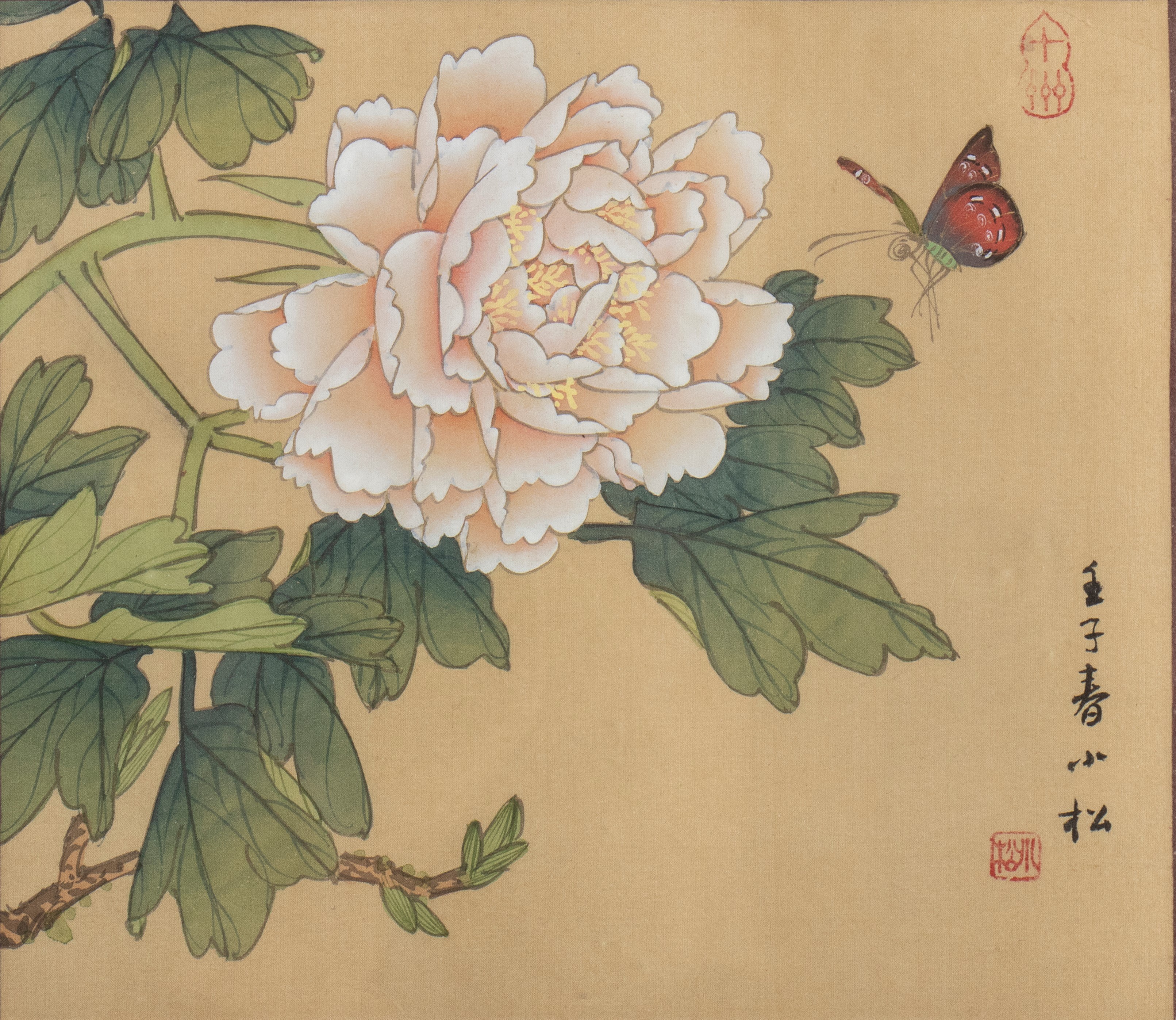 Coppia di dipinti decorati con uccelli, peonia e farfalla, Cina