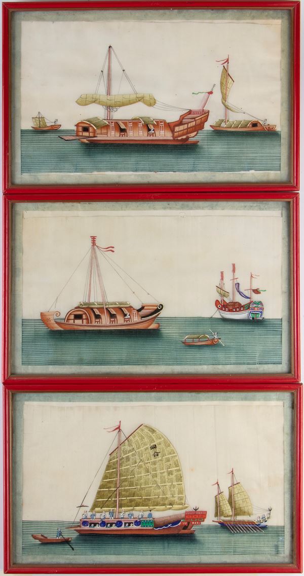 Group of three paintings on rice paper, China