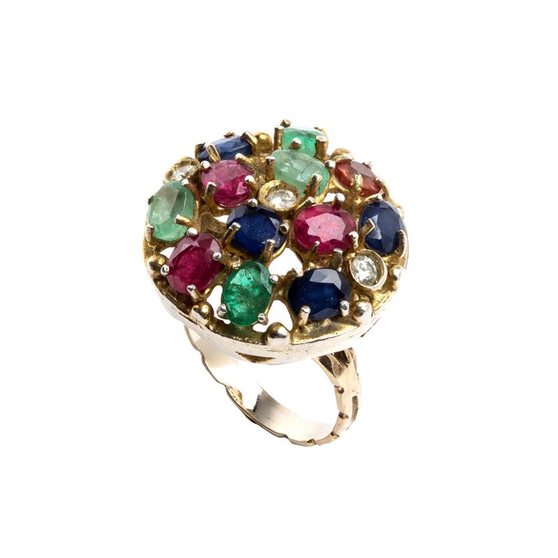 Anello in oro 14k con rubini, diamanti, smeraldi e zaffiri