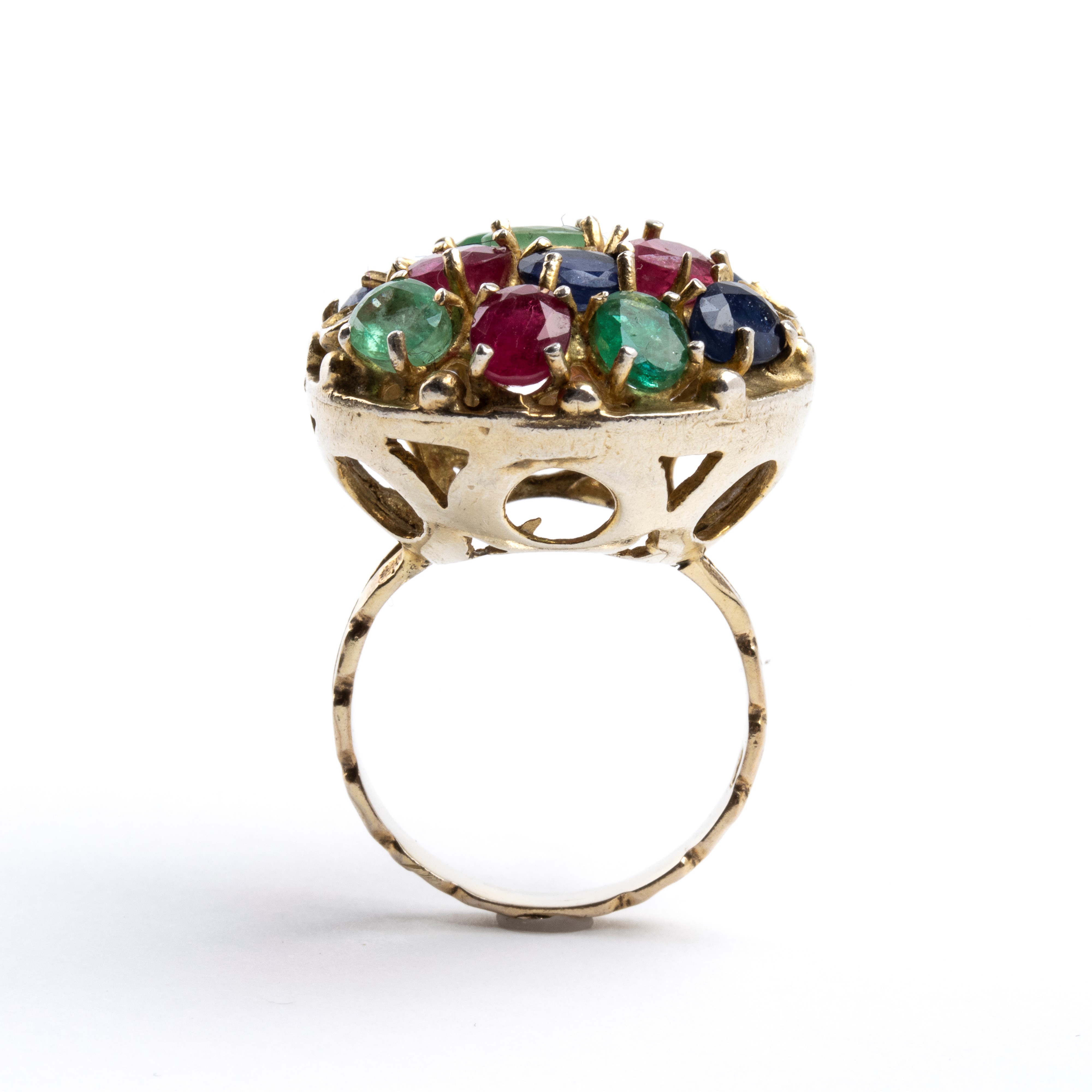 Anello in oro 14k con rubini, diamanti, smeraldi e zaffiri