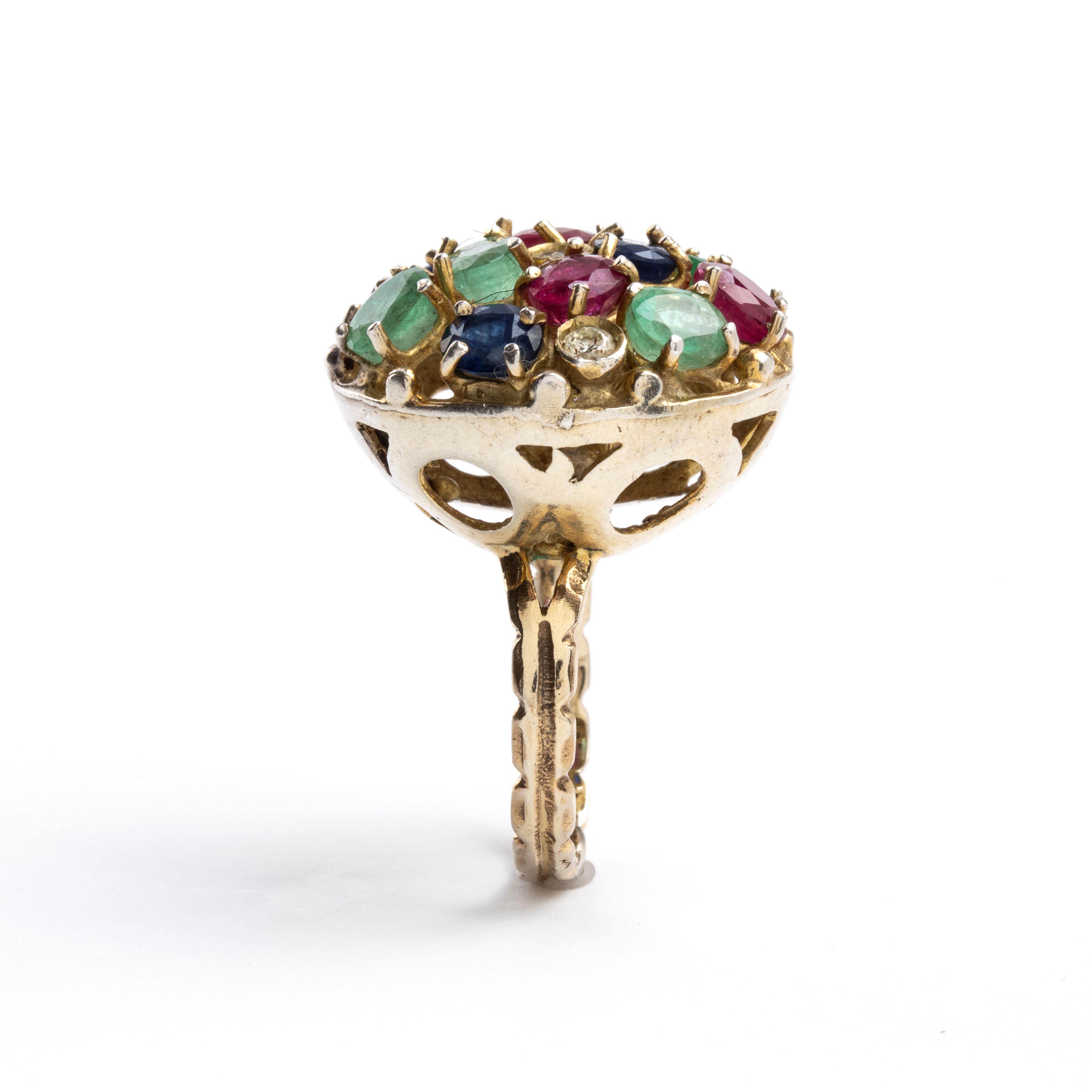 Anello in oro 14k con rubini, diamanti, smeraldi e zaffiri