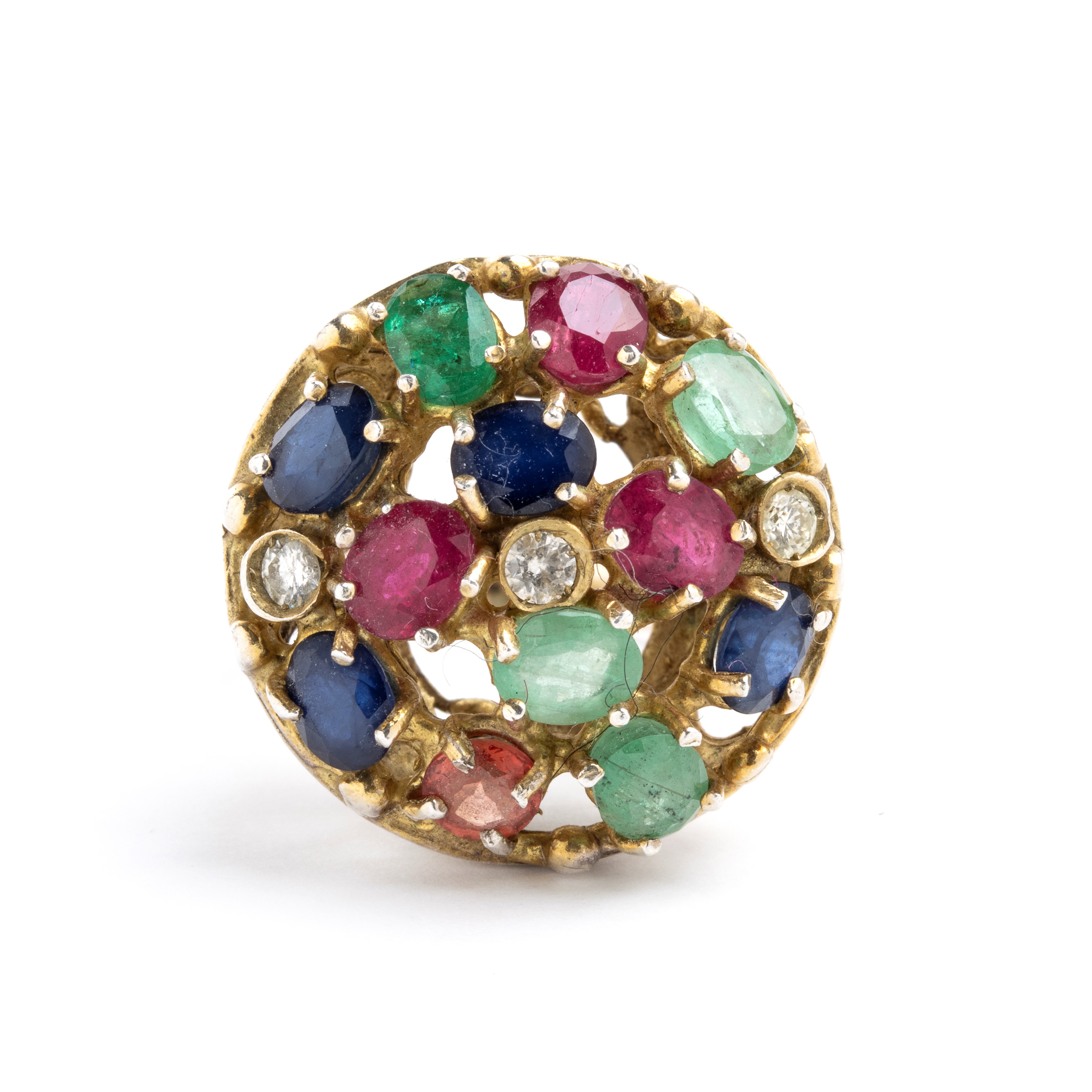 Anello in oro 14k con rubini, diamanti, smeraldi e zaffiri