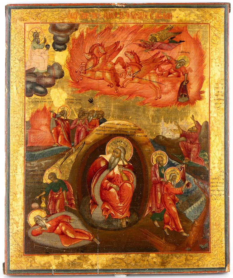 Icona russa, Ascesa del profeta Elia, tempera su tavola (inizio XX secolo)