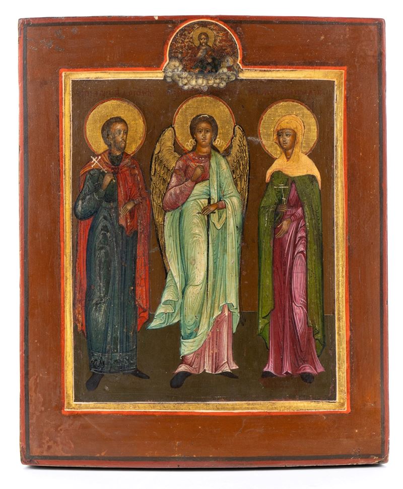 Icona russa, Arcangelo e Santi, tempera su tavola (inizio XX secolo)