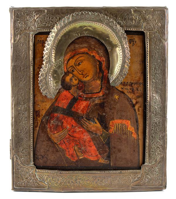Russian Icon depicting the Virgin Eleousa with a metal riza