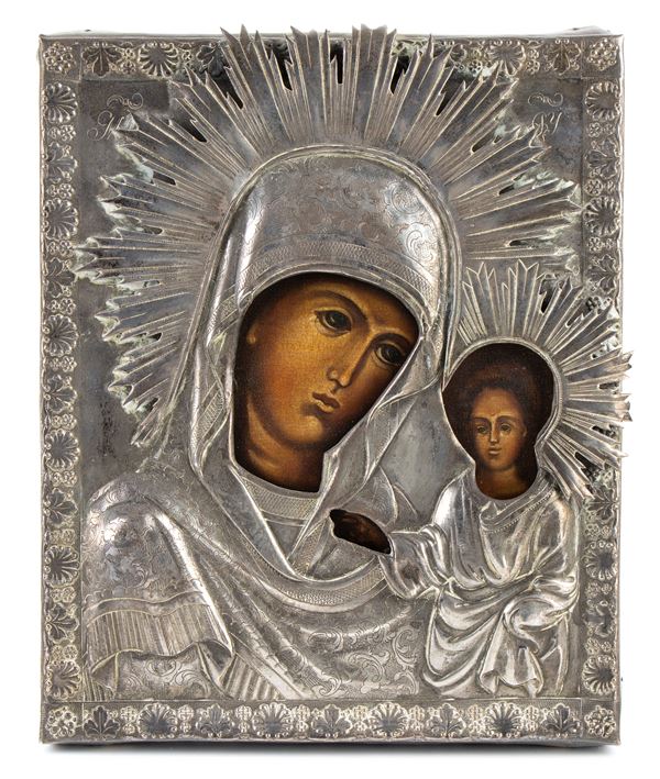 Russian icon with riza depicting the Theotokos with riza