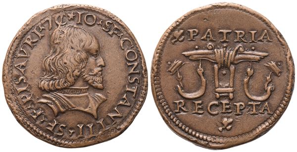 PESARO. Ducato di Urbino. Giovanni Sforza (1483-1500 e 1503-1510). Prova del testone; Æ (12,86 g; 27,6 mm)