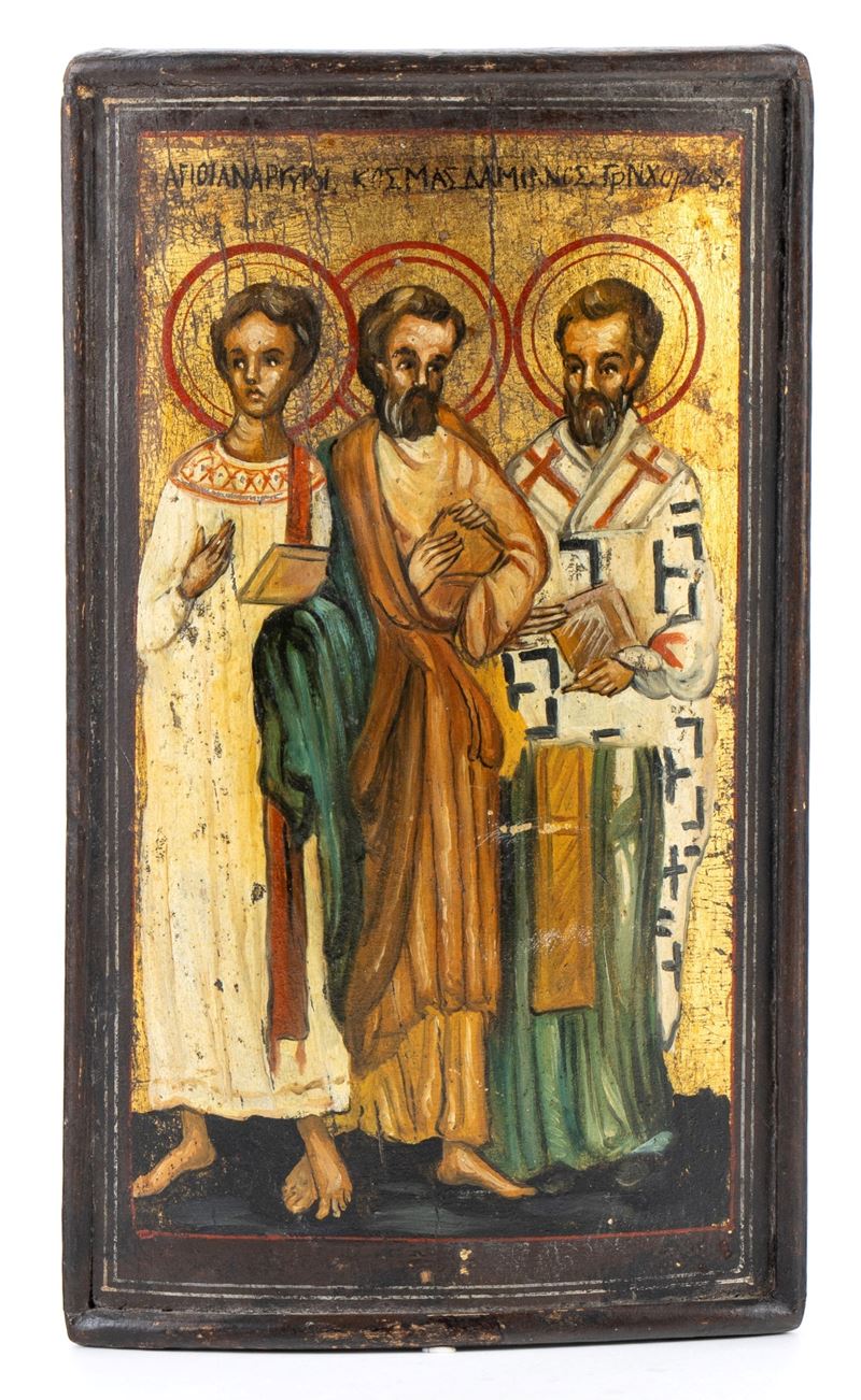 Icona russa, Santi Anargiri Cosma, Damiano e Pantaleone, tempera su tavola (XIX secolo)
