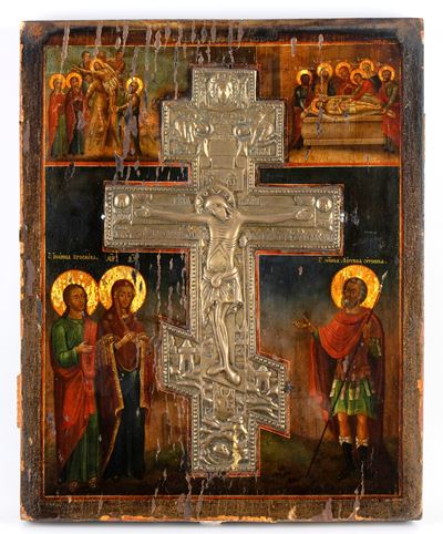 Croce russa devozionale, Fusione in bronzo e tempera su tavola dipinta (XIX secolo)