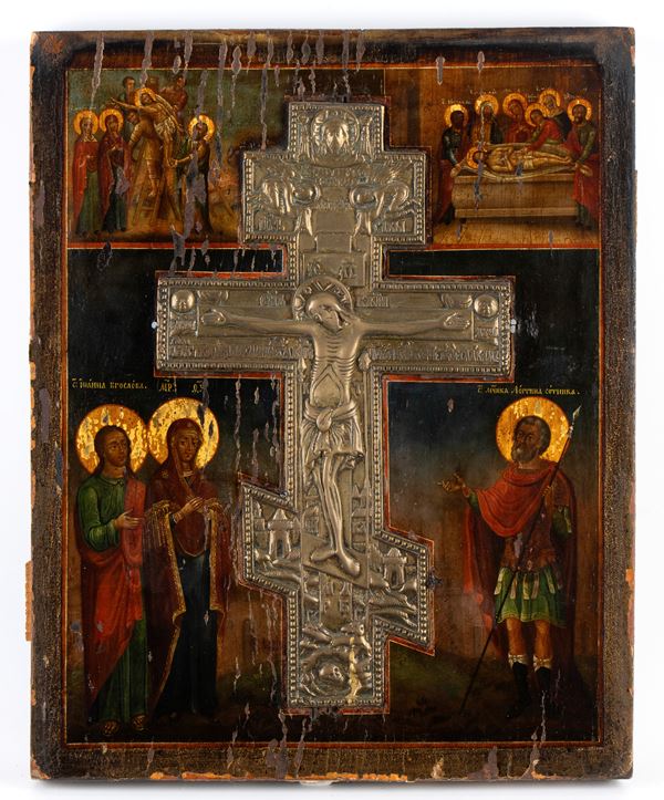 Russian devotional cross mounted on a painted panel