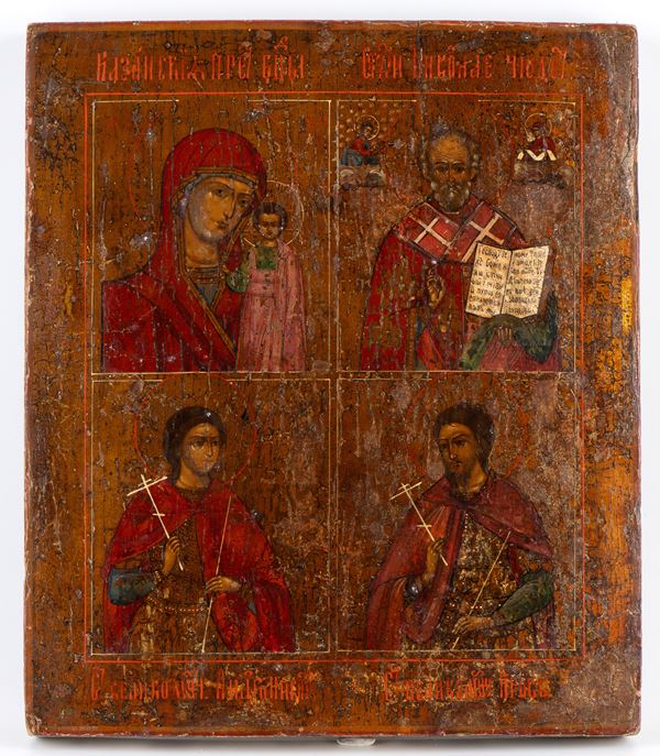 Russian four-panel icon depicting the Mother of God of Kazan, Saint Nicholas the Wonderworker, and the Holy Martyrs Demetrius of Thessalonica and George the Victorious