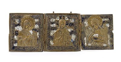 XIX secolo, Trittico da viaggio raffigurante la Deesis in fusione di bronzo con smalti policromi