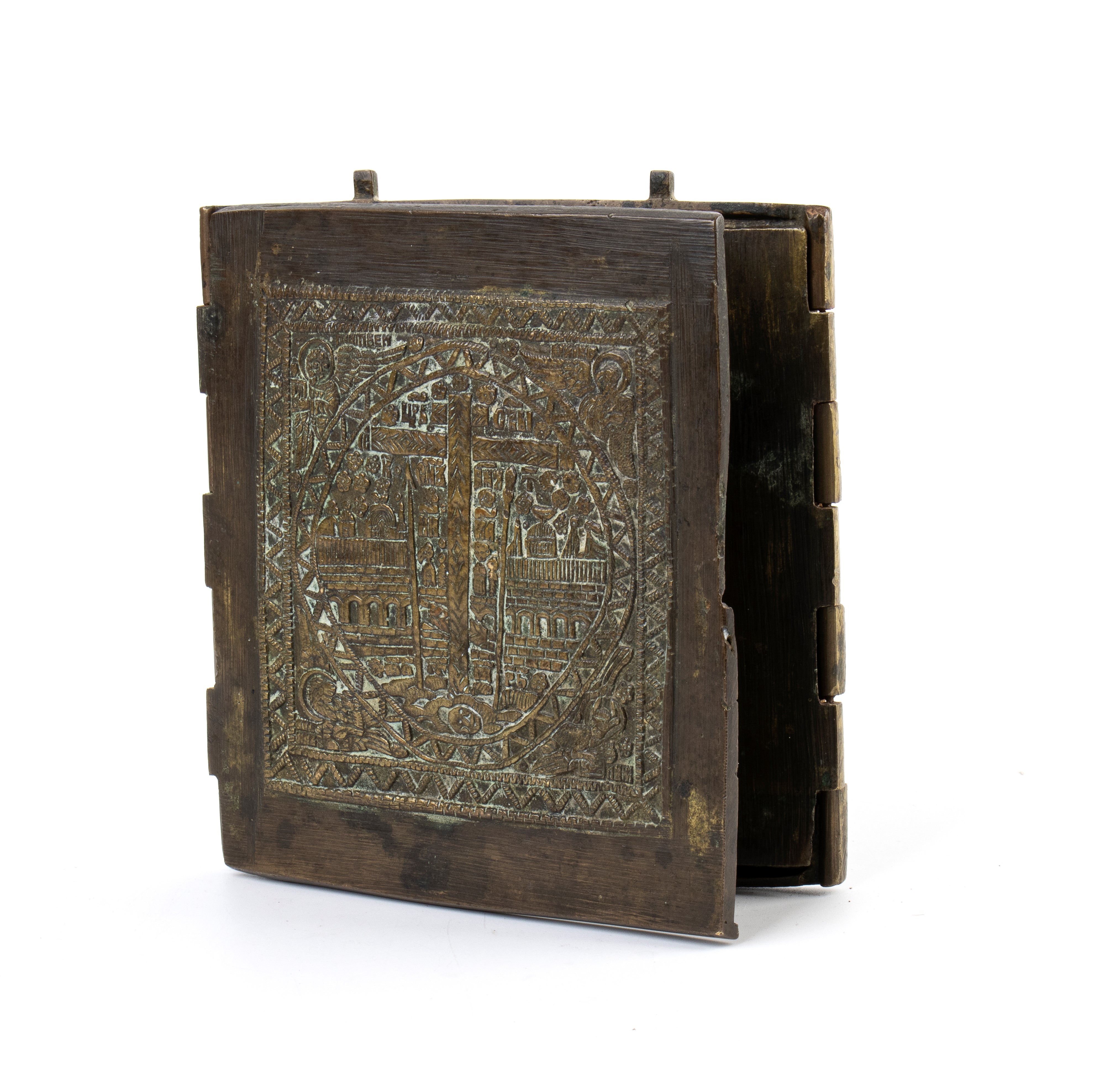XIX secolo, Trittico da viaggio raffigurante la Deesis in fusione di bronzo con smalti policromi