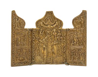 Fusione in bronzo, Trittico da viaggio raffigurante San Nicola di Mozajsk, XIX secolo
