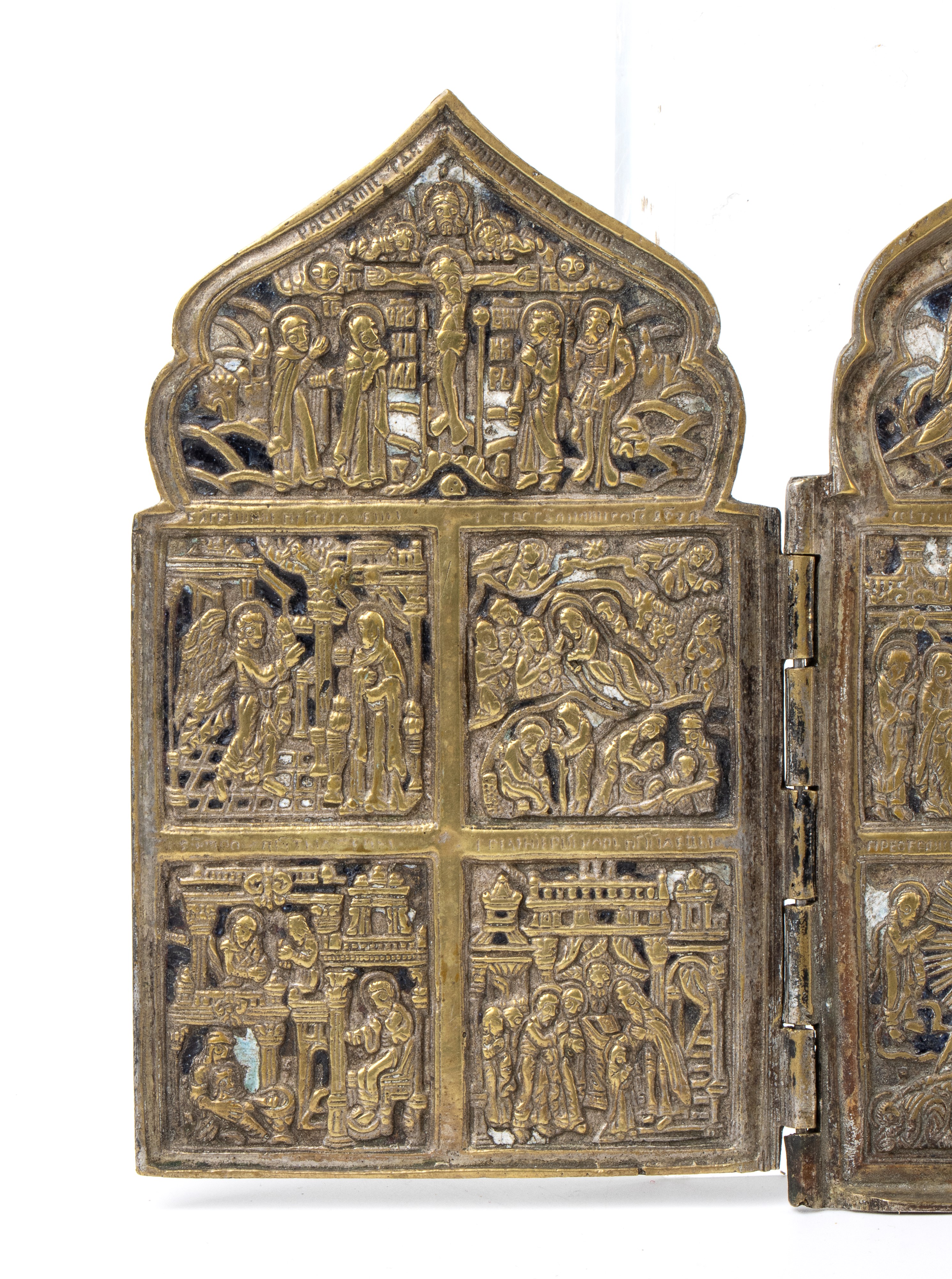 Polittico da viaggio, fusione in bronzo e smalti policromi, XIX secolo