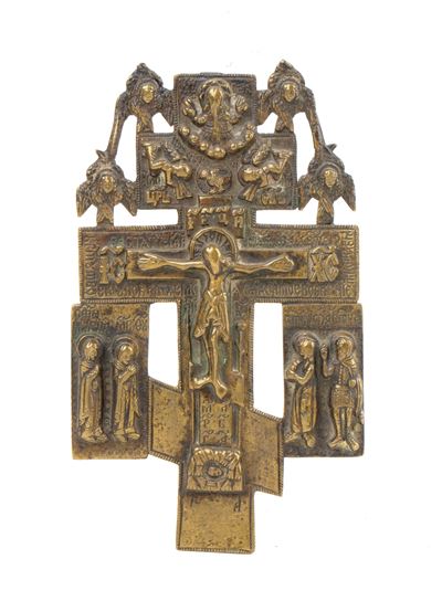 Croce da kiot, crocifissione e figure sacre, fusione in bronzo (XIX secolo)