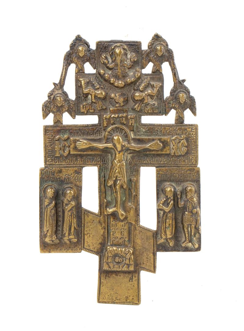 Croce da kiot, crocifissione e figure sacre, fusione in bronzo (XIX secolo)
