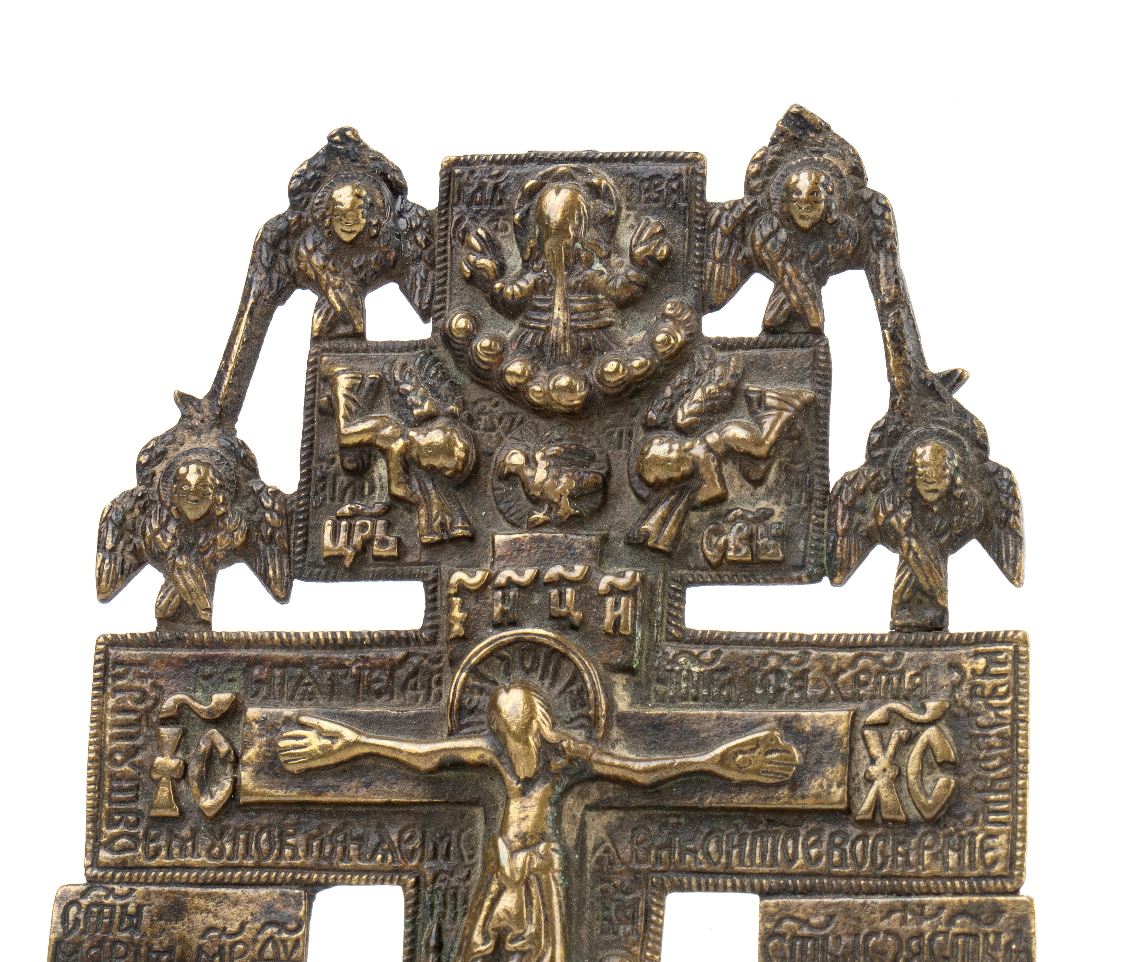 Croce da kiot, crocifissione e figure sacre, fusione in bronzo (XIX secolo)